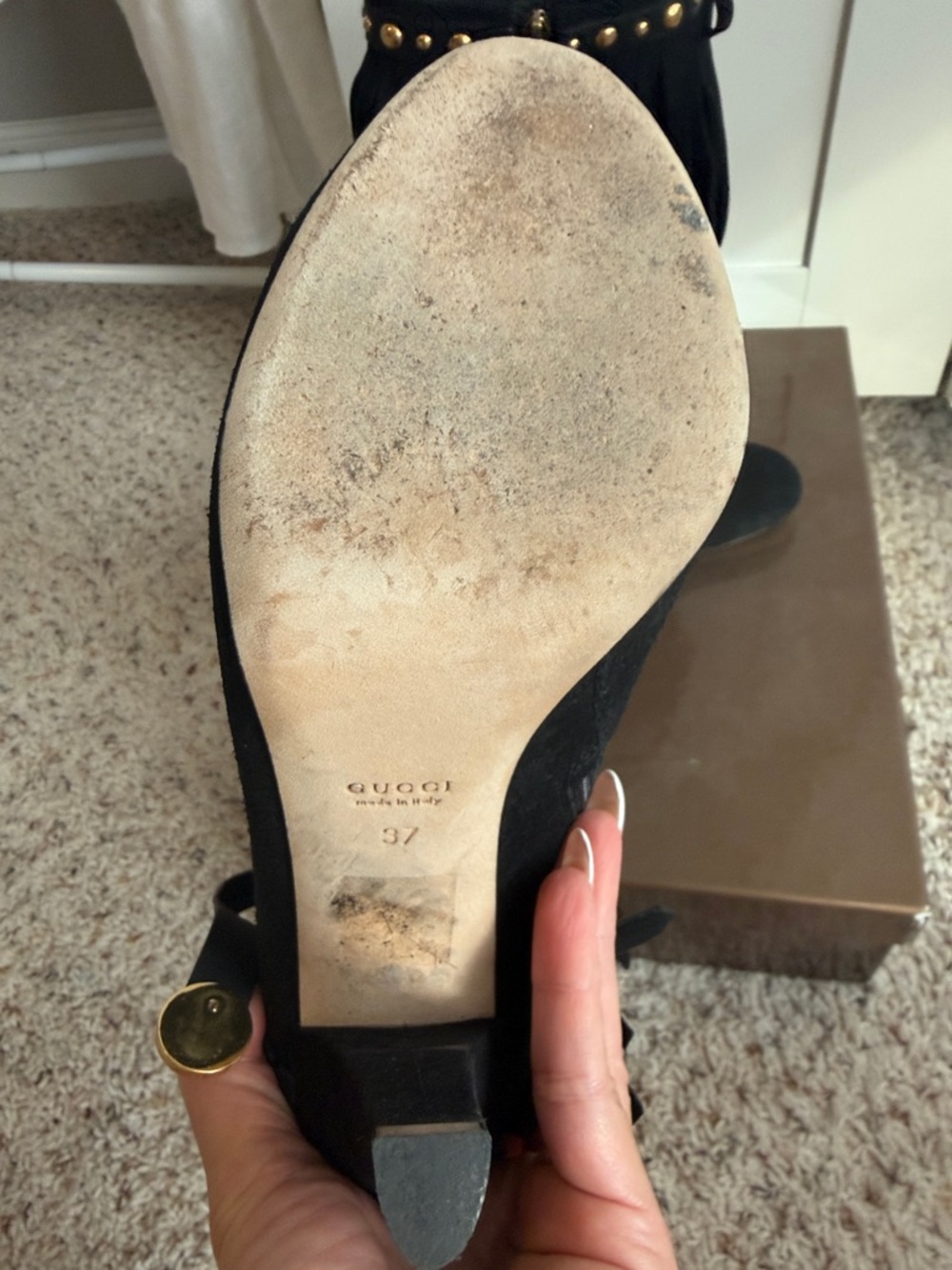 Authentic Gucci Black Suede Fringe Ankle Boots with Gold Studs size 7 - Picture 5 of 9